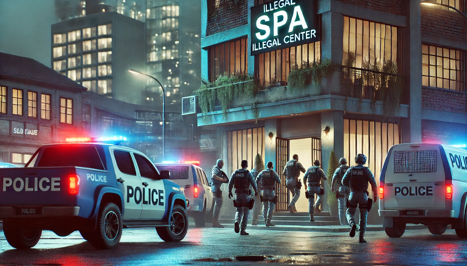 DALL·E 2024-12-04 16.43.24 - A dramatic scene of a police raid at an illegal spa center in a modern urban setting, showing uniformed officers entering the premises with determinat