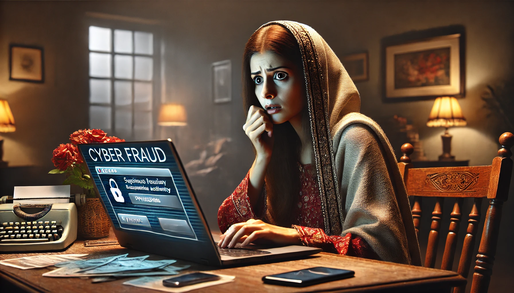 DALL·E 2024-12-04 18.28.33 - A realistic depiction of cyber fraud involving an Indian woman, showing a distressed young woman sitting at her desk with a laptop, her face reflectin