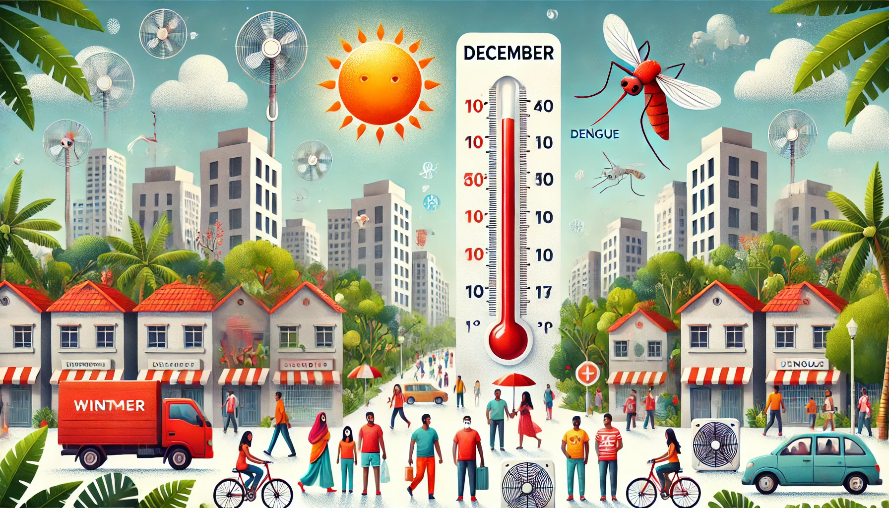 DALL·E 2024-12-05 23.25.54 - A visual representation of unseasonal warm weather in December, showing an urban Indian landscape. A mix of people wearing winter clothes and some in
