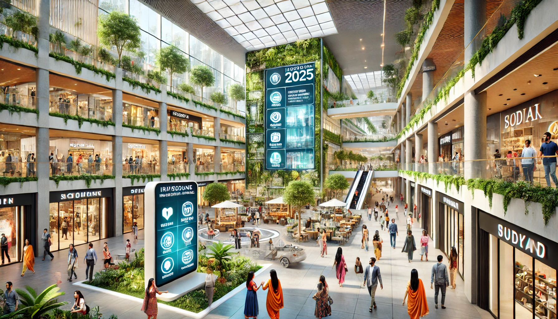 DALL·E 2024-12-07 09.36.40 - A futuristic shopping mall in India set in 2025. The mall has a sleek, modern design with a large glass facade and eco-friendly green walls. Inside, i