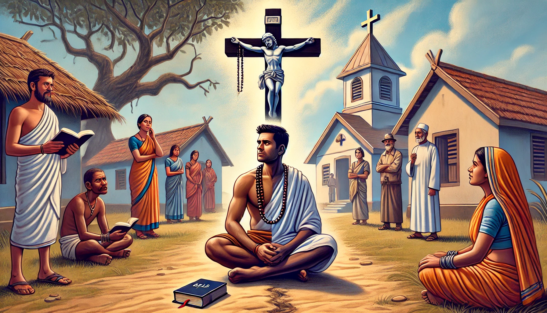 DALL·E 2024-12-09 13.03.42 - An emotional and symbolic illustration of a religious conversion in a rural Indian setting. Depict a Hindu individual sitting cross-legged, transition