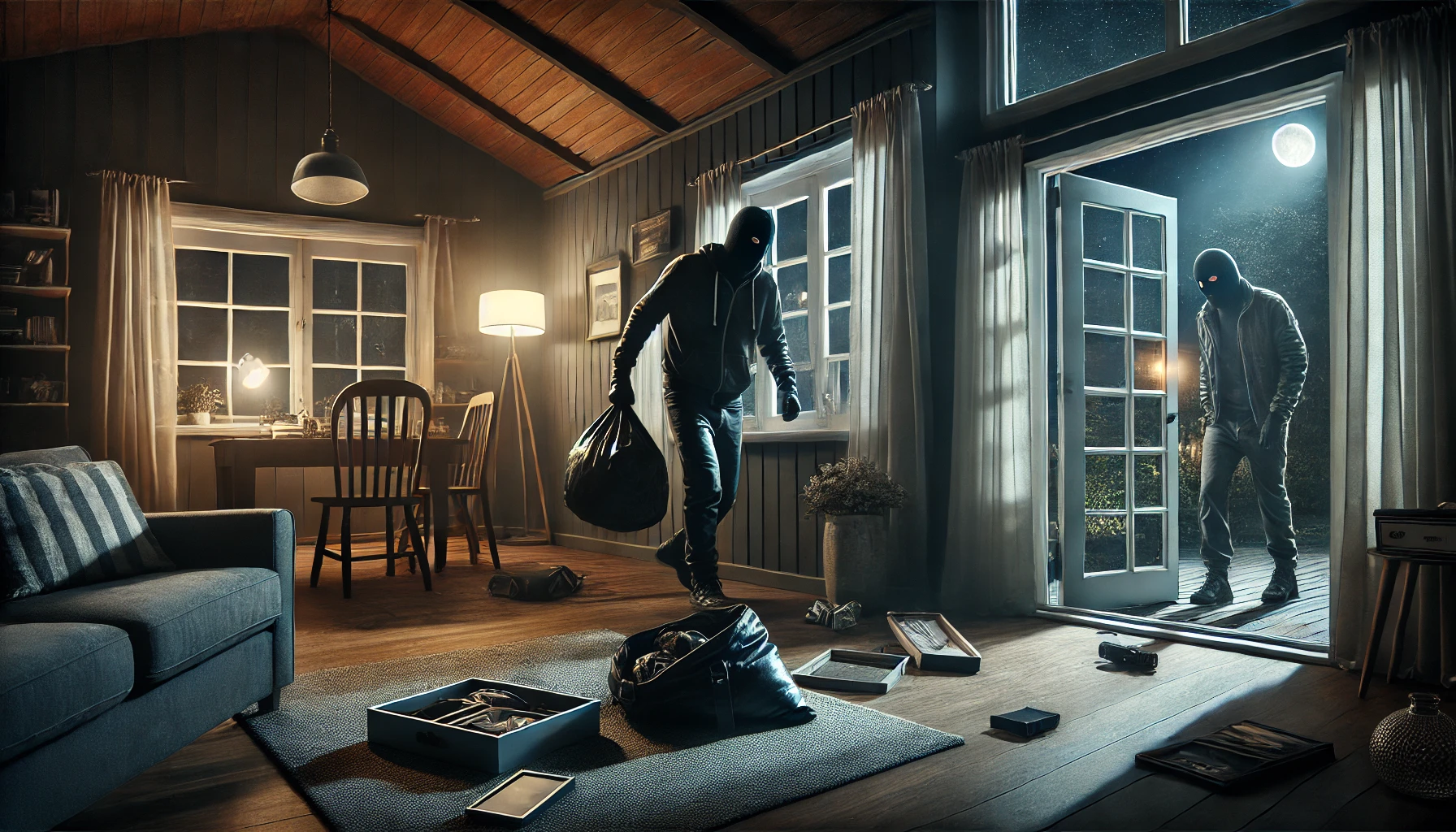 DALL·E 2024-12-14 23.23.56 - A dramatic depiction of a house burglary in progress during the night. The scene shows a dimly lit suburban house with a broken window, a masked burgl